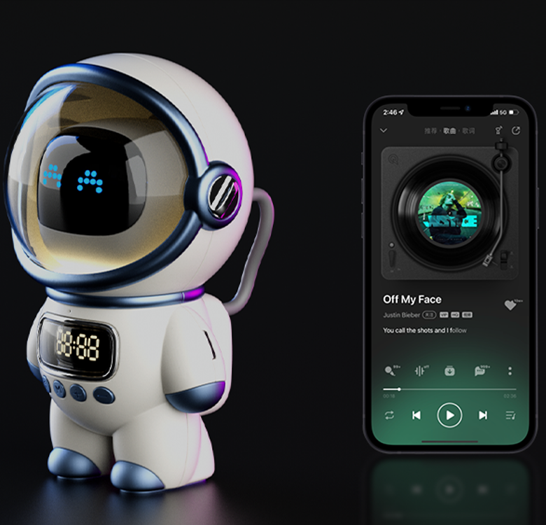 Intelligent astronaut, featuring AI intelligent voice, Bluetooth speaker, clock alarm, speaker, and night light functions.