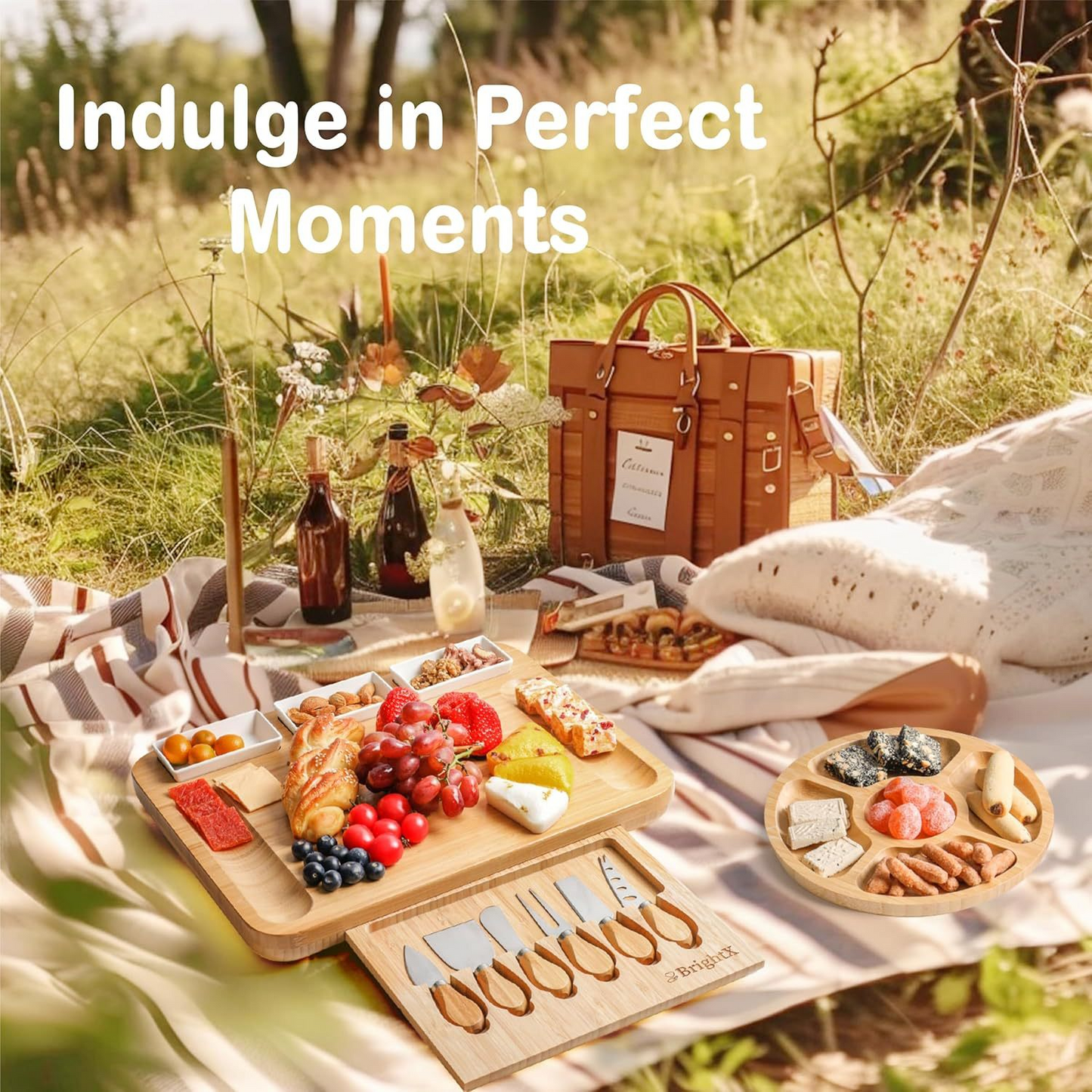 A cheese board made of bamboo, with knives and forks inside.