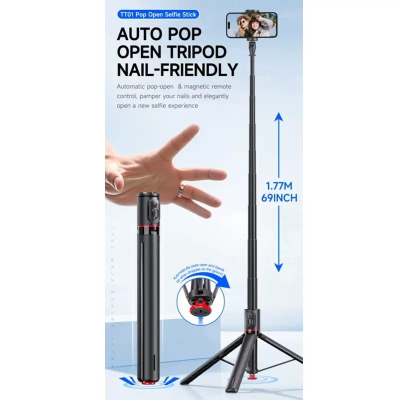 A mobile phone tripod that automatically opens upon landing