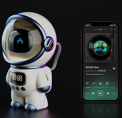 Intelligent astronaut, featuring AI intelligent voice, Bluetooth speaker, clock alarm, speaker, and night light functions.